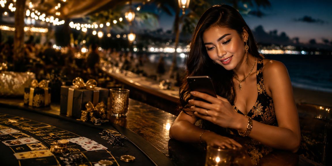 Meja baccarat malam hari dengan suasana kasino live yang hidup dan dinamis