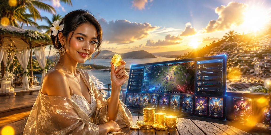Pemain esports muda di tepi pantai mengakses platform taruhan dari laptop dengan santai